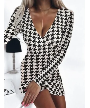 Kadın Uzun Kollu Kruvaze Yaka Mikro Mini Boy Elbise