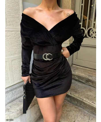 Kadın Uzun Kollu Kruvaze Yaka Omuz Dekolteli Kemer Dahil Mini Kadife Elbise
