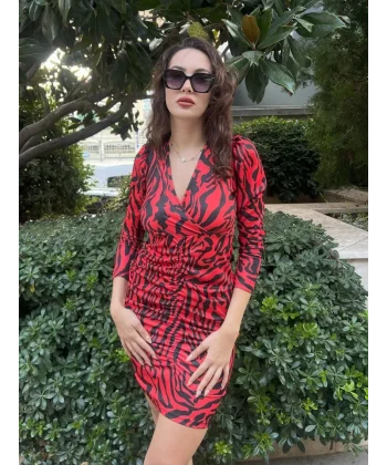 Kadın Uzun Kollu Kruvaze Yaka ön Kısım Büzgülü Zebra Desen Dalgıç Elbise