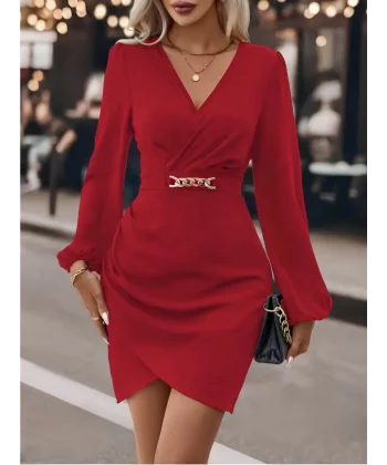 Kadın Uzun Kollu Kruvaze Yaka önden Asimetrik Detay Kısa Krep Elbise