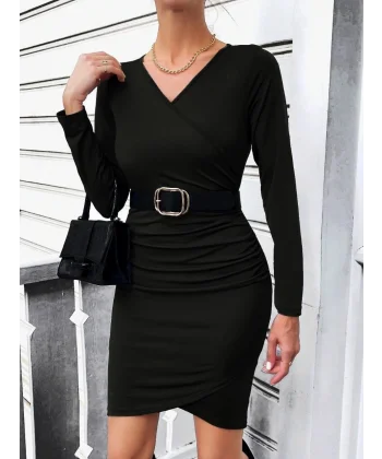 Kadın Uzun Kollu Kruvaze Yaka önden Pileli Sandy Kumaş Elbise (kemer Dahil Değil)