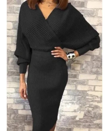 Kadın Uzun Kollu Kruvaze Yaka Triko Elbise