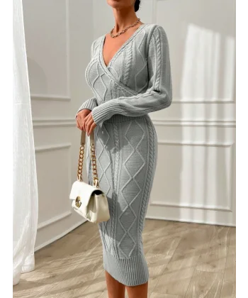 Kadın Uzun Kollu Kruvaze Yaka Triko Midi Boy Elbise
