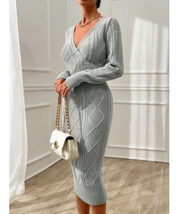 Kadın Uzun Kollu Kruvaze Yaka Triko Midi Boy Elbise