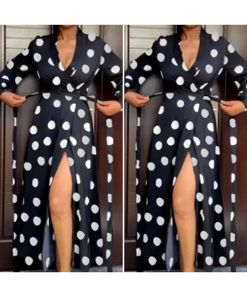 Kadın Uzun Kollu Kruvaze Yaka Yandan Bağlamalı Krep Tam Boy Elbise