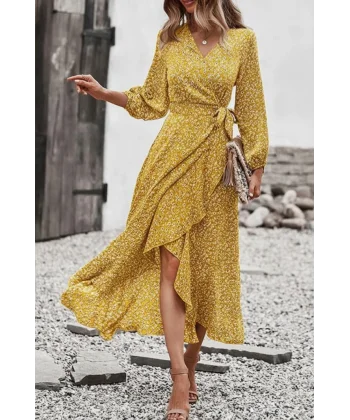 Kadın Uzun Kollu Kruvaze Yaka Yandan Bağlamalı önden Fırfır Detaylı Süprem Uzun Elbise