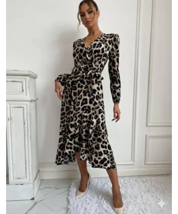 Kadın Uzun Kollu Kruvaze Yaka Yandan Bağlamalı önden Fırfır Detaylı Süprem Uzun Elbise