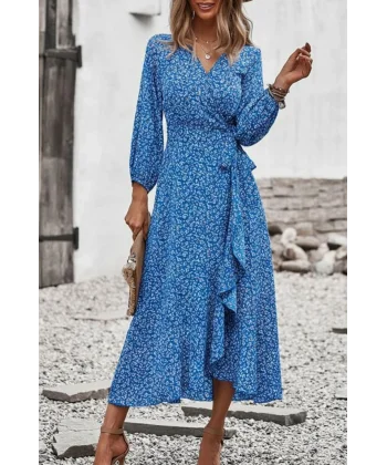 Kadın Uzun Kollu Kruvaze Yaka Yandan Bağlamalı önden Fırfır Detaylı Süprem Uzun Elbise