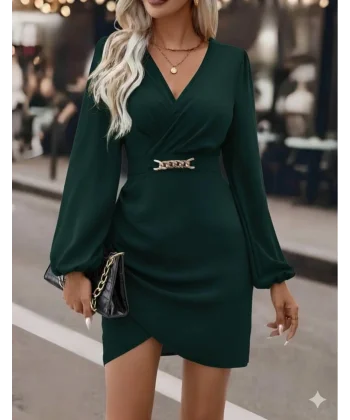 Kadın Uzun Kollu Kruvaze Yaka Yandan Büzgülü Asimetrik Detaylı Ithal Krep Mini Elbise