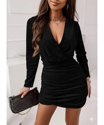 Kadın Uzun Kollu Kruvaze Yaka Yandan Büzgülü Mini Ithal Krep Elbise