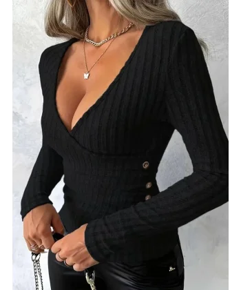 Kadın Uzun Kollu Kruvaze Yaka Yandan Düğme Detaylı şardonlu Kaşkorse Bluz