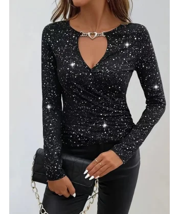 Kadın Uzun Kollu Kruvaze Yakalı Aksesuarlı Dalgıç Bluz