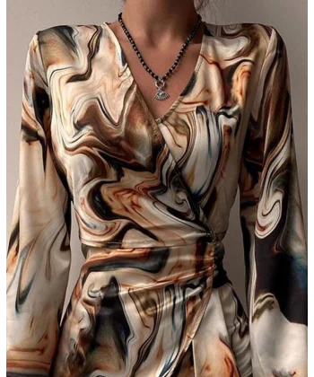 Kadın Uzun Kollu Kruvaze Yakalı Asimetrik Detaylı Mini Modal Elbise