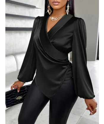 Kadın Uzun Kollu Kruvaze Yakalı Asimetrik Saten Bluz