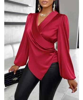 Kadın Uzun Kollu Kruvaze Yakalı Asimetrik Saten Bluz