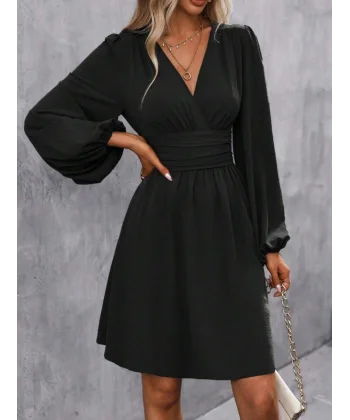 Kadın Uzun Kollu Kruvaze Yakalı Bel Korsajlı Mini Elbise