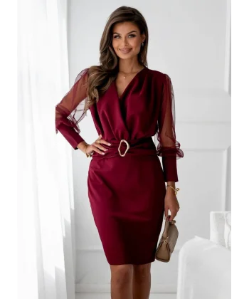 Kadın Uzun Kollu Kruvaze Yakalı Belden Kemerli Mini Ithal Krep Elbise