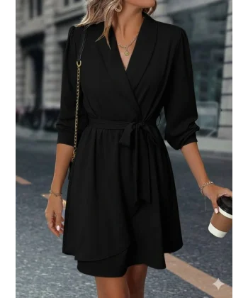 Kadın Uzun Kollu Kruvaze Yakalı Belden Kuşaklı Mini çift Katlı Ithal Krep Elbise