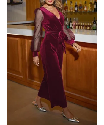 Kadın Uzun Kollu Kruvaze Yakalı Belden Kuşaklı Tül Detaylı Kadife Tulum