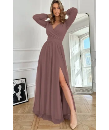 Kadın Uzun Kollu Kruvaze Yakalı Belden Kuşaklı Tüllü Uzun Ithal Krep Elbise