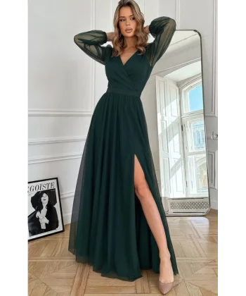 Kadın Uzun Kollu Kruvaze Yakalı Belden Kuşaklı Tüllü Uzun Ithal Krep Elbise