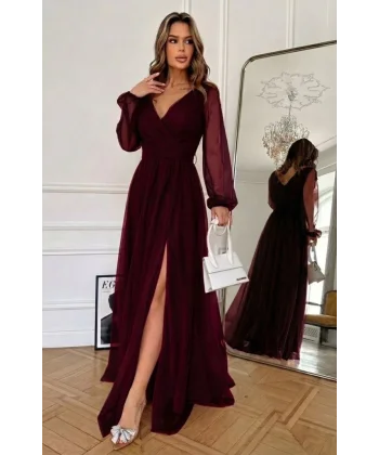 Kadın Uzun Kollu Kruvaze Yakalı Belden Kuşaklı Tüllü Uzun Ithal Krep Elbise