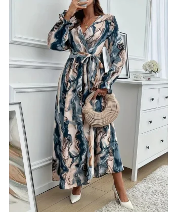 Kadın Uzun Kollu Kruvaze Yakalı Beli Kuşaklı Desenli Süprem Maxi Elbise