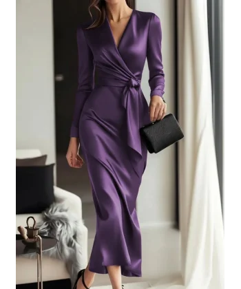 Kadın Uzun Kollu Kruvaze Yakalı Beli Kuşaklı Uzun Saten Elbise