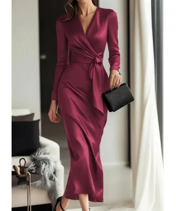 Kadın Uzun Kollu Kruvaze Yakalı Beli Kuşaklı Uzun Saten Elbise