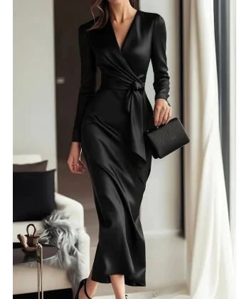 Kadın Uzun Kollu Kruvaze Yakalı Beli Kuşaklı Uzun Saten Elbise