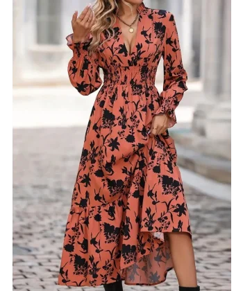 Kadın Uzun Kollu Kruvaze Yakalı çiçek Desenli Maksi Süprem Elbise