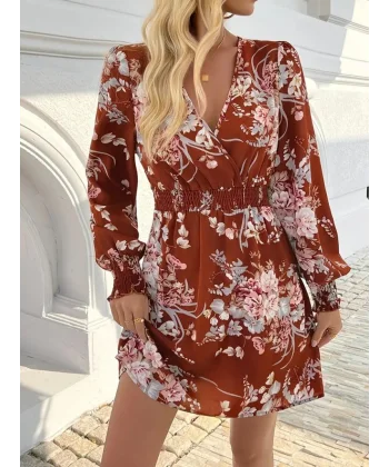 Kadın Uzun Kollu Kruvaze Yakalı çiçek Desenli Mini Süprem Elbise