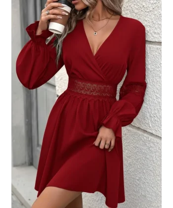 Kadın Uzun Kollu Kruvaze Yakalı Dantelli Fermuar Detaylı Mini Ithal Krep Elbise