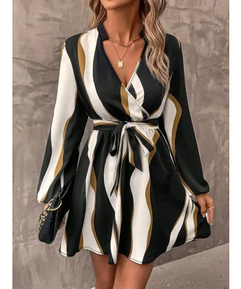 Kadın Uzun Kollu Kruvaze Yakalı Desenli Modal Mini Elbise