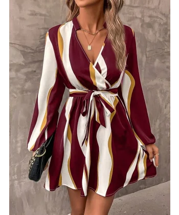 Kadın Uzun Kollu Kruvaze Yakalı Desenli Modal Mini Elbise