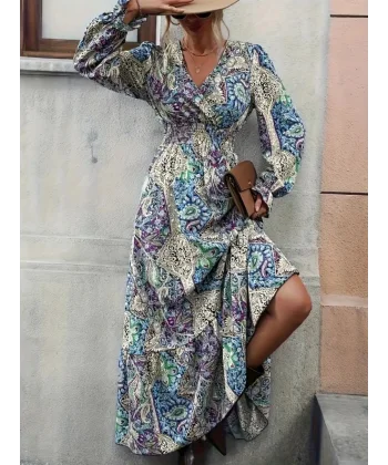 Kadın Uzun Kollu Kruvaze Yakalı Desenli Süprem Maxi Elbise