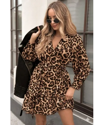 Kadın Uzun Kollu Kruvaze Yakalı Fırfırlı Belden Kuşaklı Leopar Desen Modal Elbise