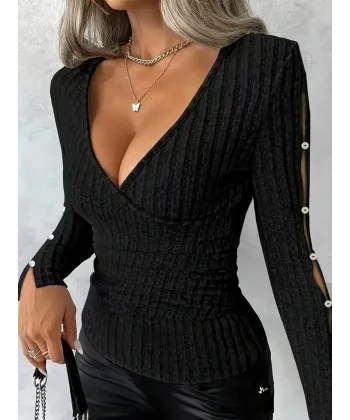 Kadın Uzun Kollu Kruvaze Yakalı Incili şardonlu Kaşkorse Bluz