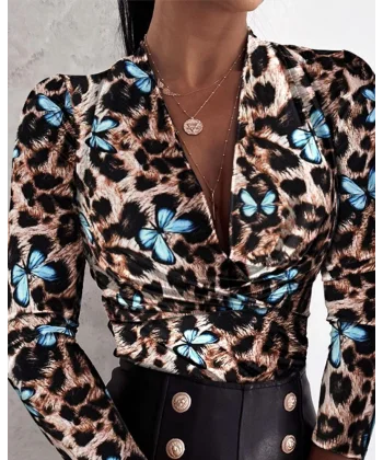 Kadın Uzun Kollu Kruvaze Yakalı Kelebek Desenli şardonlu Dalgıç Bluz