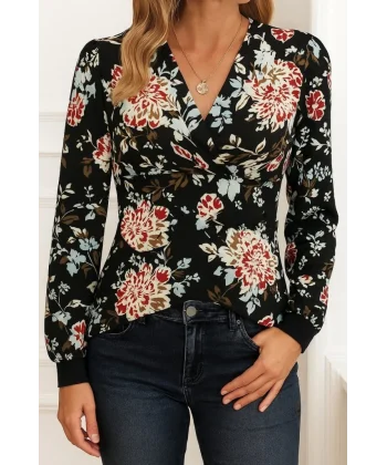 Kadın Uzun Kollu Kruvaze Yakalı Kelebek Desenli şardonlu Dalgıç Bluz