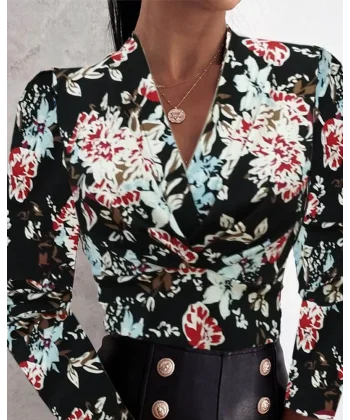 Kadın Uzun Kollu Kruvaze Yakalı Kelebek Desenli şardonlu Dalgıç Bluz