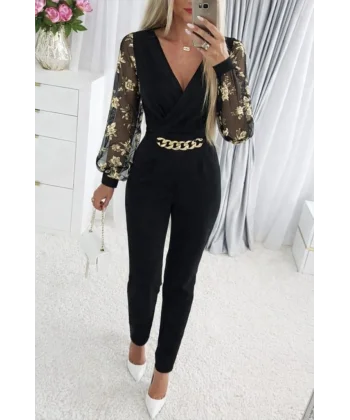 Kadın Uzun Kollu Kruvaze Yakalı Kolları çiçek Desenli Janjan Krep Tulum