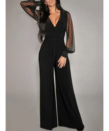 Kadın Uzun Kollu Kruvaze Yakalı Kolları Tüllü Viskon Tulum