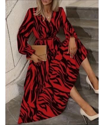 Kadın Uzun Kollu Kruvaze Yakalı Kuşaklı Zebra Desenli Süprem Maxi Elbise