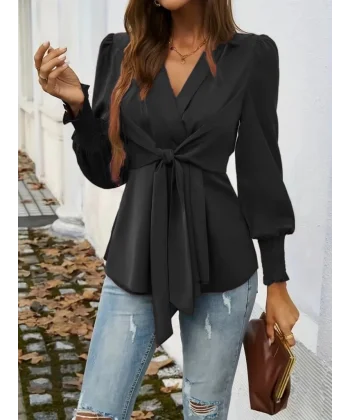 Kadın Uzun Kollu Kruvaze Yakalı önden Bağlamalı Ithal Krep Bluz