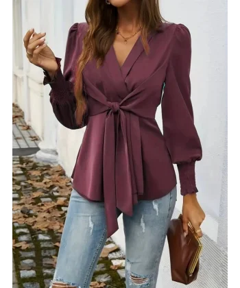 Kadın Uzun Kollu Kruvaze Yakalı önden Bağlamalı Ithal Krep Bluz