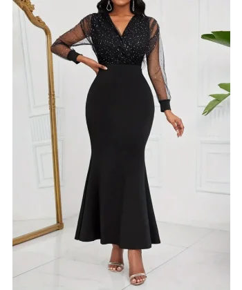 Kadın Uzun Kollu Kruvaze Yakalı Taş Ve Tül Detaylı Uzun Ithal Krep Elbise