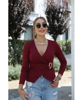 Kadın Uzun Kollu Kruvaze Yakalı Toka Detaylı Viskon Bluz