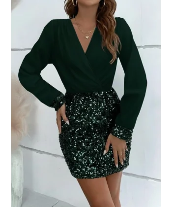 Kadın Uzun Kollu Kruvaze Yakalı üst Ithal Krep Alt Pulpayetli Mini Ithal Krep Elbise