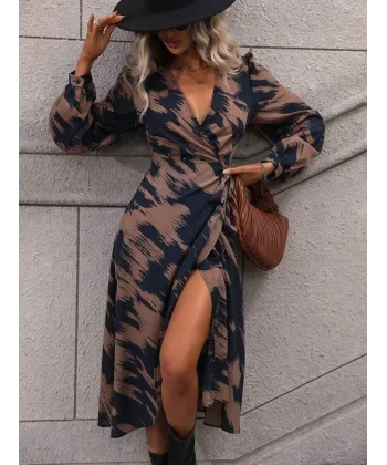 Kadın Uzun Kollu Kruvaze Yakalı Yandan Bağlamalı Desenli Mini Modal Elbise